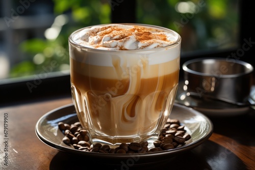 Delicious glass cups with cappuccino coffee