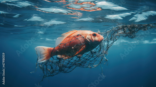 Horizontal AI photo of a fish in the ocean in a of net due to sea pollution. Social problem concept.