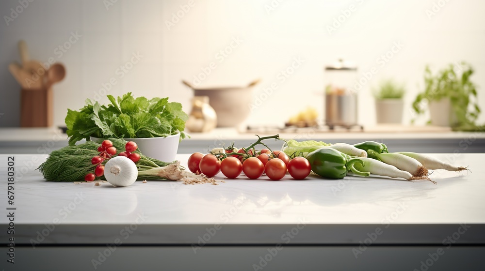 Modern white kitchen with fresh vegetables and greens on the table. Modern white kitchen with fresh vegetables and greens on the table.