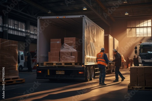 Workers Loading Delivery Truck with Cardboard Boxes photo