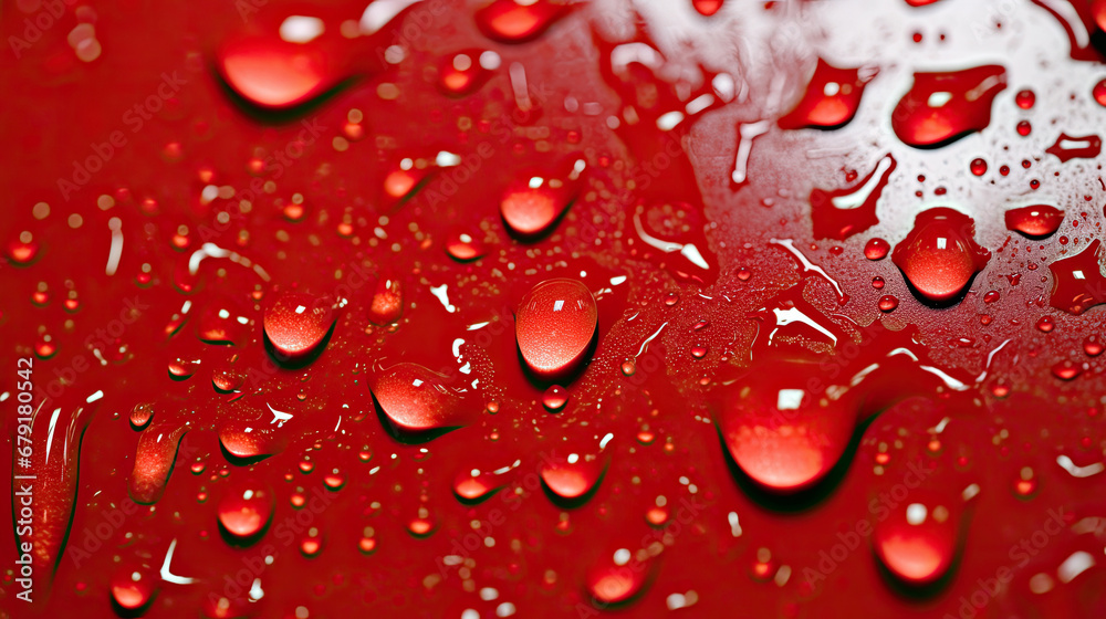water drops on red background, Hydrophobic water effect on red car paint after rain. Water drops on metal surface water drops on red background, Hydrophobic water effect on red car paint after rain. Water drops on metal surface