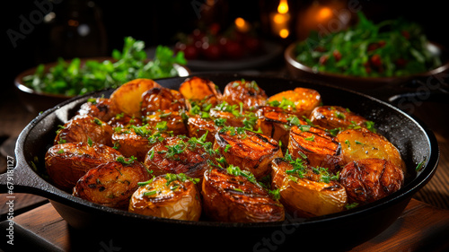 fried potatoes with rosemary in cast iron pan on wooden table. rustic style. selective focus.