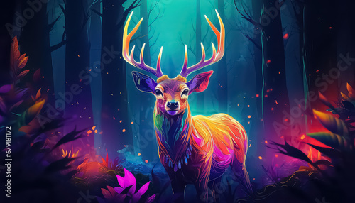 Deer in the Magic Forest in neon color ,spring concept