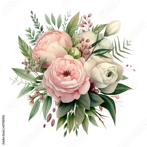 Greenery Light Pink Watercolor Bouquet Bohemian Boho, Floral bouquets clipart, Pink flowers, Watercolor Flower Clipart, generative ai