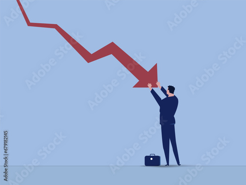 Bankruptcy businessman pushed by down arrow concept vector. Symbol of bankruptcy, failure, recession, crisis and financial loss on stock market, vector illustration.