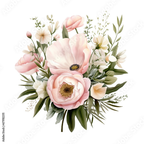 Greenery Light Pink Watercolor Bouquet Bohemian Boho, Floral bouquets clipart, Pink flowers, Watercolor Flower Clipart, generative ai