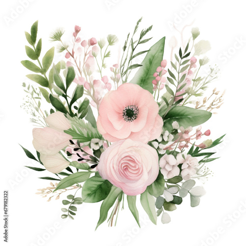Greenery Light Pink Watercolor Bouquet Bohemian Boho, Floral bouquets clipart, Pink flowers, Watercolor Flower Clipart, generative ai