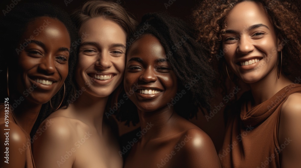 Fototapeta premium Group of beautiful women of different races come together to create a vibrant portrait. Concept of ethnic diversity. Generative ai