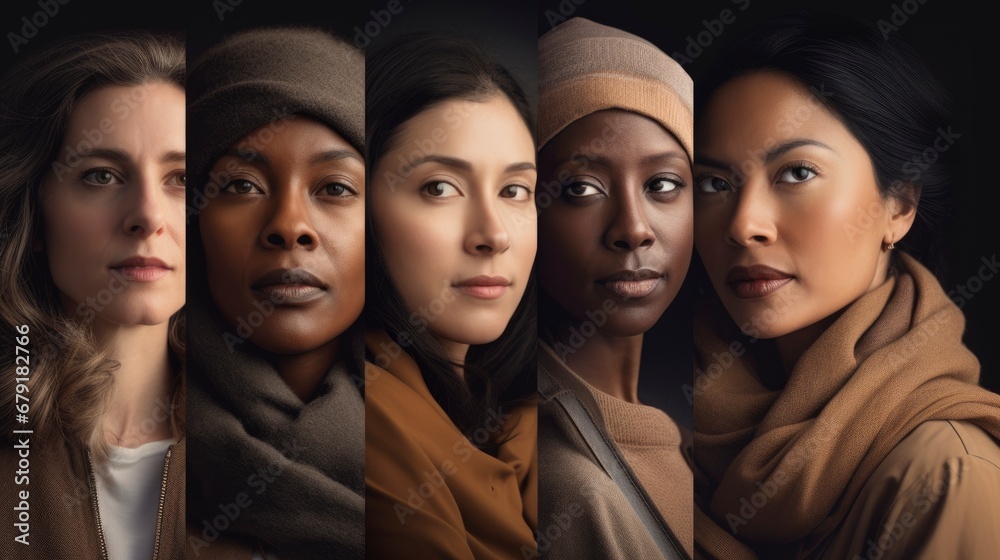 Obraz premium Group of beautiful women of different races come together to create a vibrant portrait. Concept of ethnic diversity. Generative ai