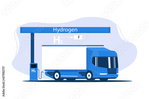 Box truck fueled with hydrogen. Vector illustration.