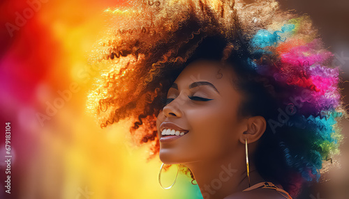 african american woman with curly hair in rainbow colors , black history month photo