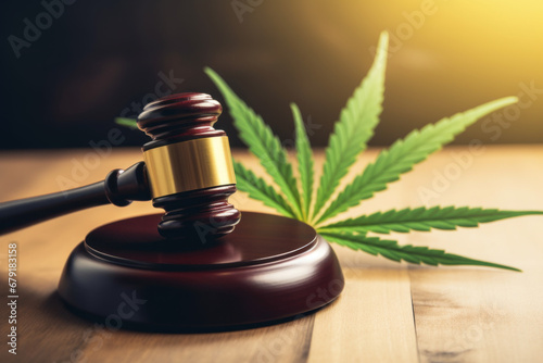 judge hammer and cannabis leaves on wooden background