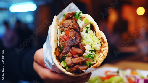 Kebab, pita, gyros, shaurma, wrap sandwich. Street food. Takeaway food. photo
