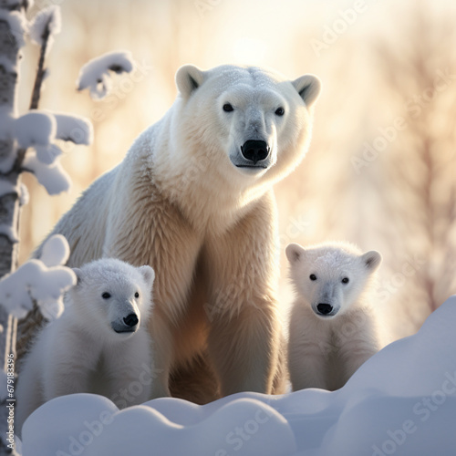 Fotografia de oso polar con sus dos crias, entre un paisaje nevado © Iridium Creatives