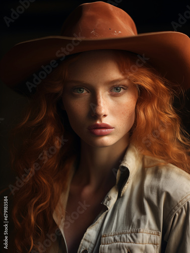 Portrait of a beautiful redhead ginger cowgirl, a woman with long copper hair and cowboy hat © Madeleine