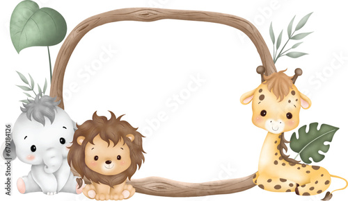Watercolor Illustration wooden frame with cute baby safari animals sit on green grass and tropical leaves