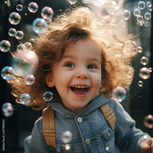 Fotografia con detalle de simpatico niño sonriente entre pompas de jabon