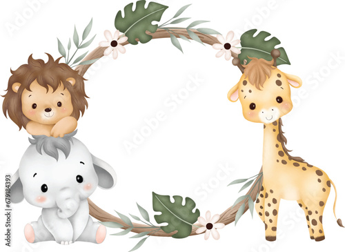 Watercolor Illustration wooden frame with cute baby safari animals sit on green grass and tropical leaves
