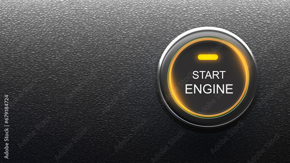 Start engine button. Starting motor of electric car. Start engine logo on black background. Button for push movement of modern transport. Start engine button with yellow backlight. 3d image - obrazy, fototapety, plakaty 
