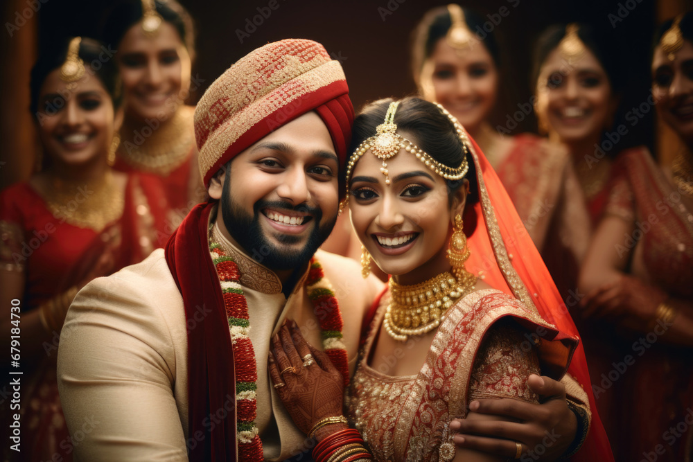 Portrait of a smiling Indian ethnic Bride and Groom wearing  traditional costumes and jewellery