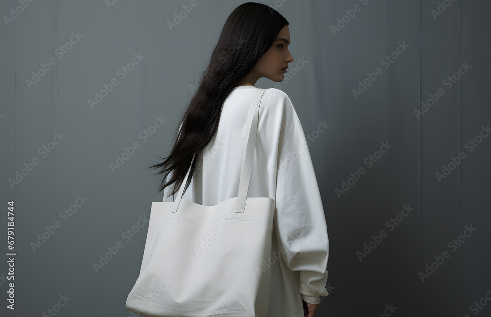 Mock up of pure white tote bag on grey background