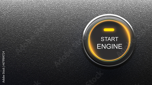 Start engine button. Starting motor of electric car. Start engine logo on black background. Button for push movement of modern transport. Start engine button with yellow backlight. 3d image photo