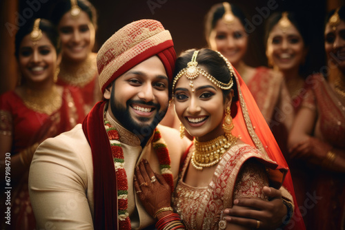 Portrait of a smiling Indian ethnic Bride and Groom wearing traditional costumes and jewellery