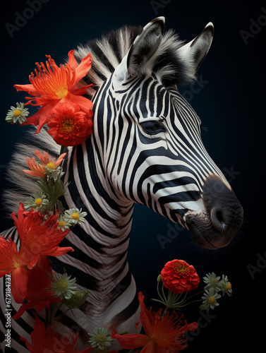 Portrait of a zebra  Equus quagga  with flowers and floral arrangements