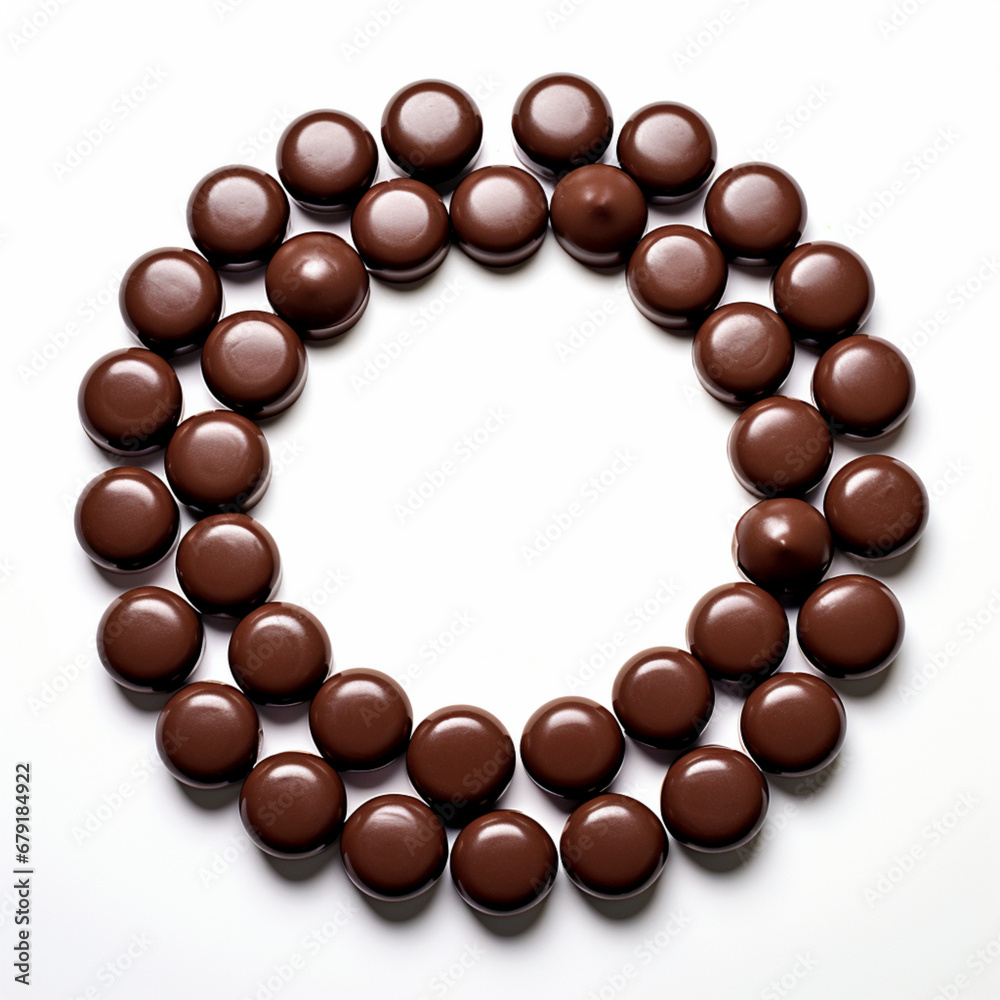 Fondo con detalle de multitud de bombones de chocolate agrupados para formas un circulo, sobre fondo de color blanco Fondo con detalle de multitud de bombones de chocolate agrupados para formas un circulo, sobre fondo de color blanco