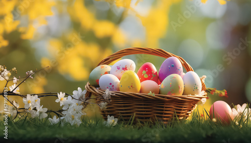 Painted eggs in a wicker basket on a background of flowers, easter concept