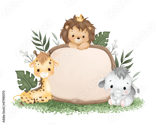 Watercolor Illustration wooden board with cute baby safari animals sit on green grass and tropical leaves