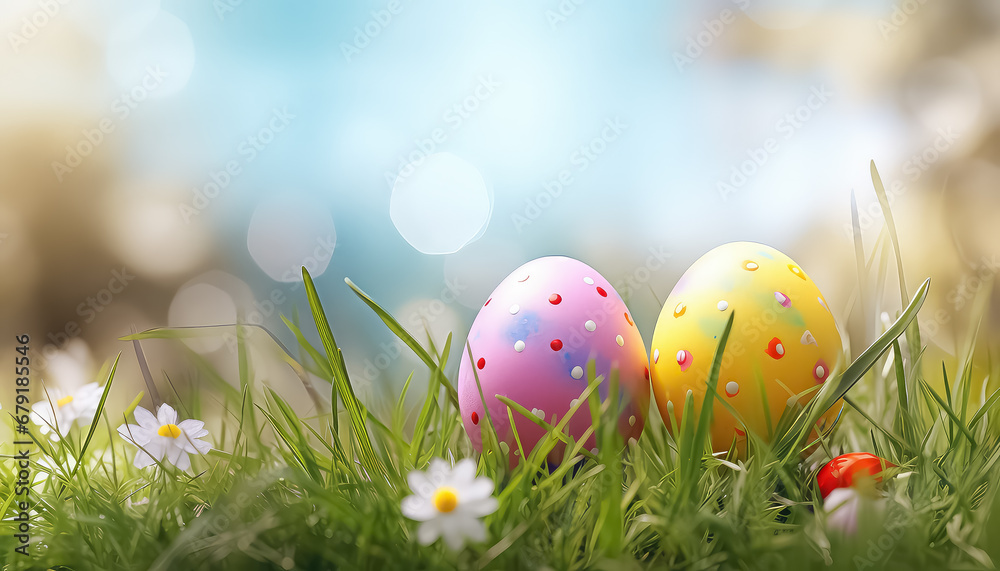 Painted eggs on the grass , easter concept