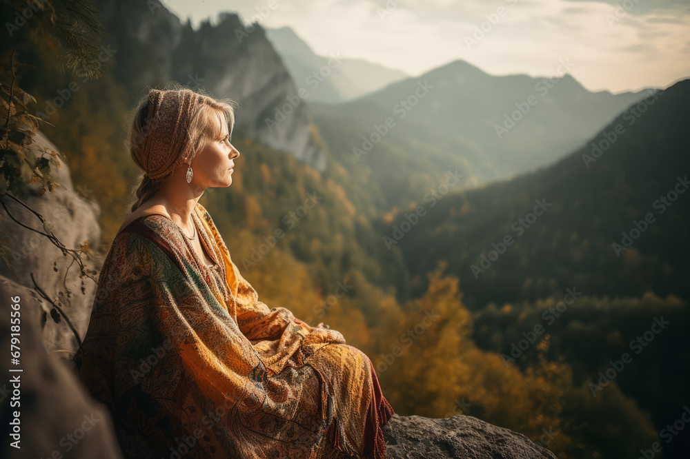 She has an ethnic print dress sitting on the rocks. A woman watching a mesmerising view of nature. Magnificent view of mountains, forest and nature.