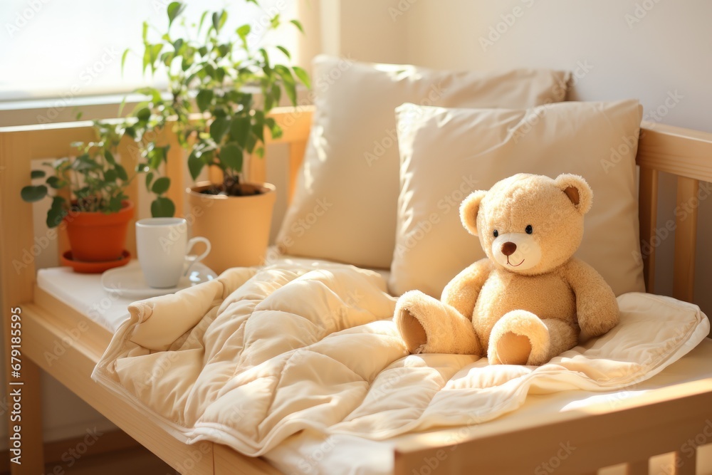 teddy bear sitting on child  bed