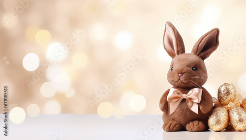 Chocolate bunny on the background of blurred lights, easter concept