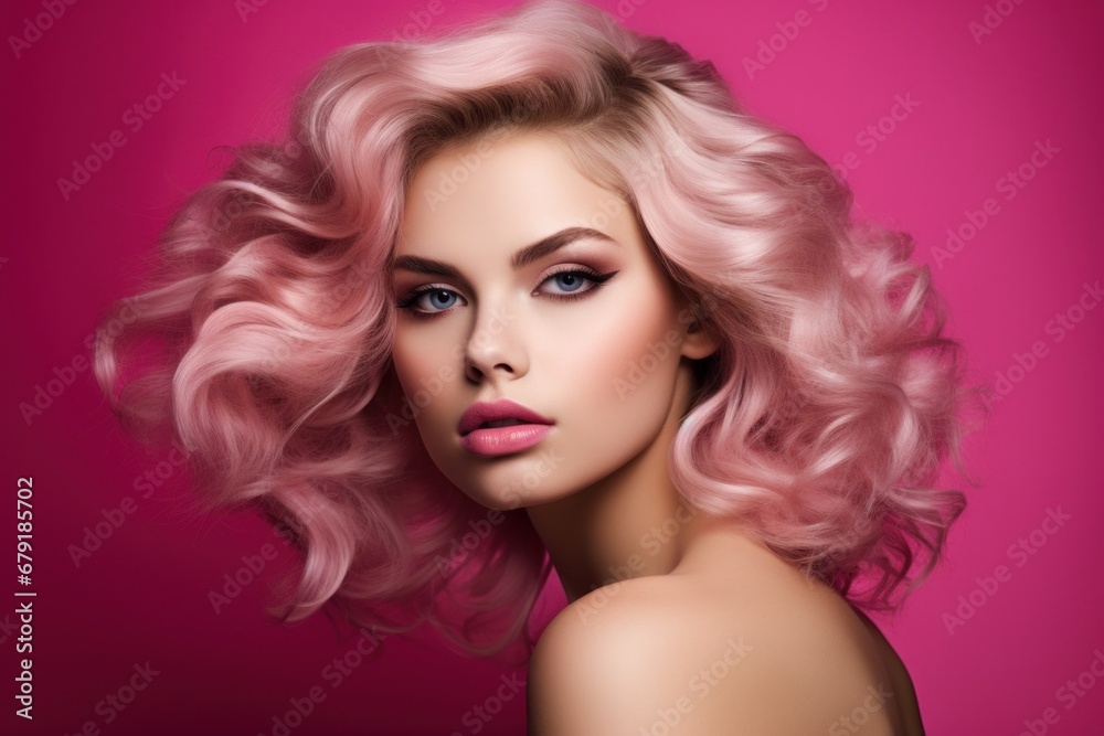 Beautiful smiling woman with smooth healthy face skin and pink curly hair on pink background. Beauty and cosmetics skincare advertising concept, barbiecore