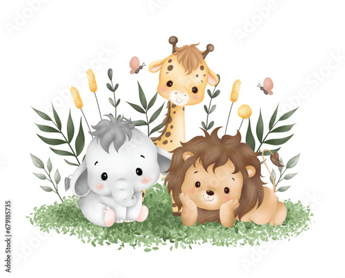 Watercolor Illustration cute baby safari animals sit on green grass and tropical leaves