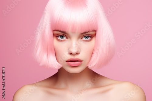 Beautiful woman with smooth healthy face skin and pink hair on pink background. Beauty and cosmetics skincare advertising concept