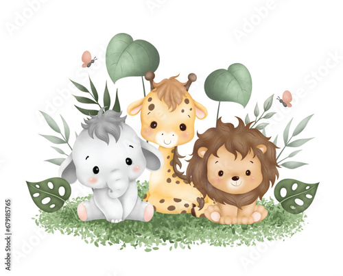 Watercolor Illustration cute baby safari animals sit on green grass and tropical leaves