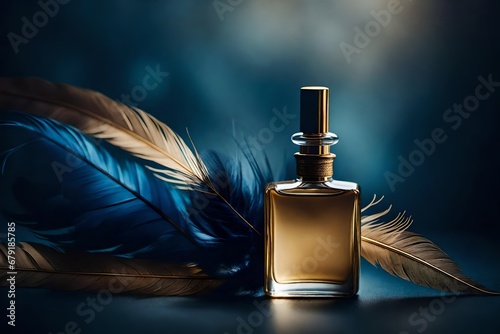 golden perfume flacon , blue and gold feathers background , expensive cosmetic container template