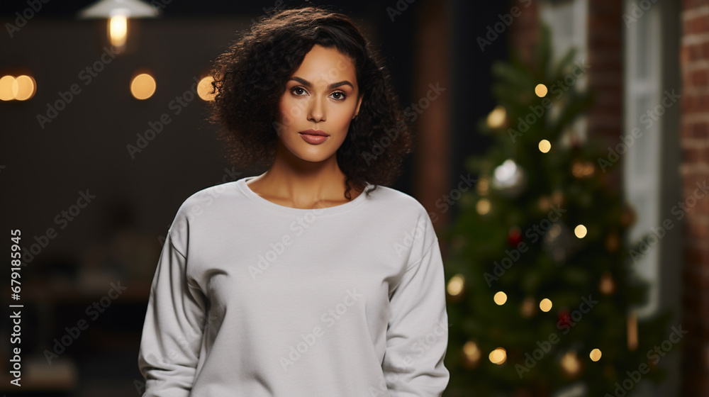 portrait of a woman wearing blank white gildan sweatshirt in a christmas setting portrait of a woman wearing blank white gildan sweatshirt in a christmas setting