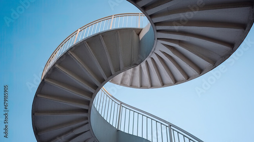 spiral staircase in the sky, Low angle shot of curved spiral stairs under a bright blue sky photo