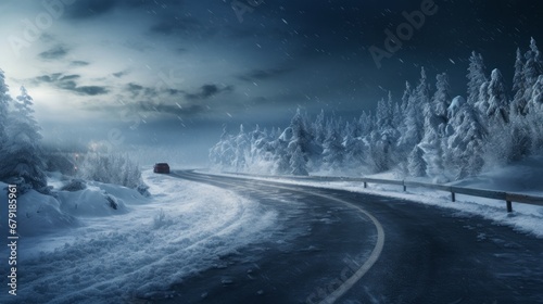 Snowy and frozen curving winter road with a moving car on it. © Emil