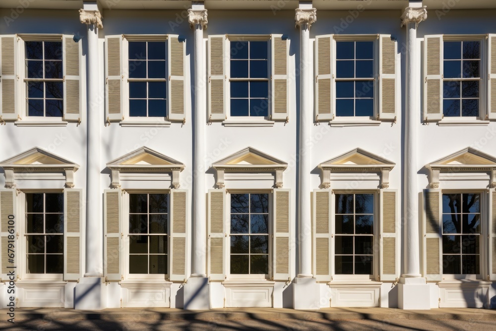 symmetrical windows in sunlight on greek revival building