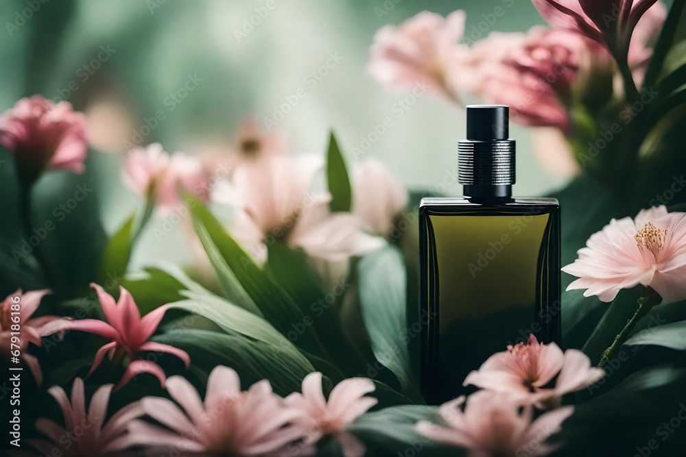 perfume flacon with blurry green and pink floral background perfume flacon with blurry green and pink floral background