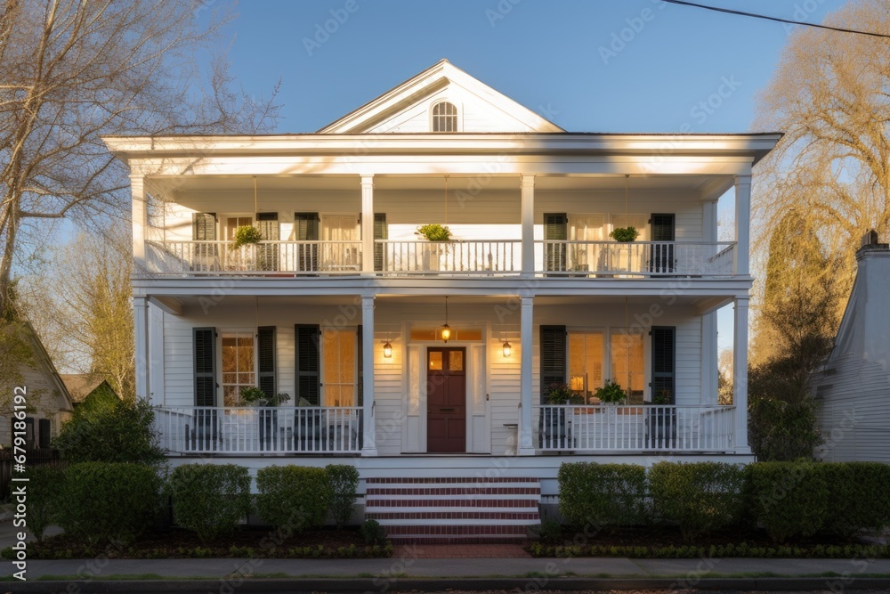 greek revival house with a front porch, sunshine lighting up the facade