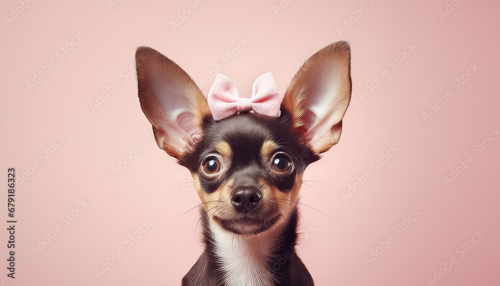 Little dog with a bow on his head on a pink background, easter concept