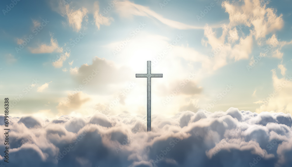 The cross shines and descends from the sky with the sun's glow, easter concept