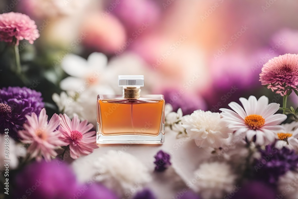 purple and blurry perfume flacon mockup , bright and colorful floral background purple and blurry perfume flacon mockup , bright and colorful floral background