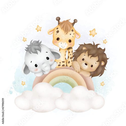 Photography Watercolor Illustration cute baby animals on rainbow and stars